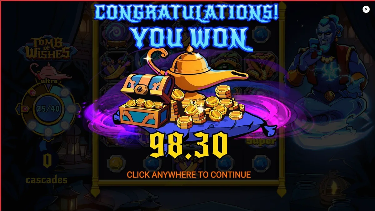 Tomb of Wishes slot machine screen featuring Arabian treasure chamber theme