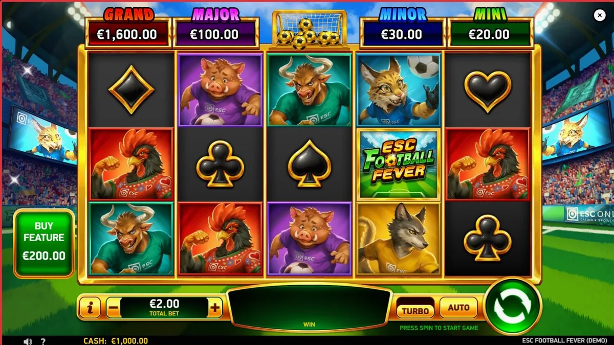 Tampilan visual slot ESC Football Fever dengan latar belakang stadion sepak bola yang megah