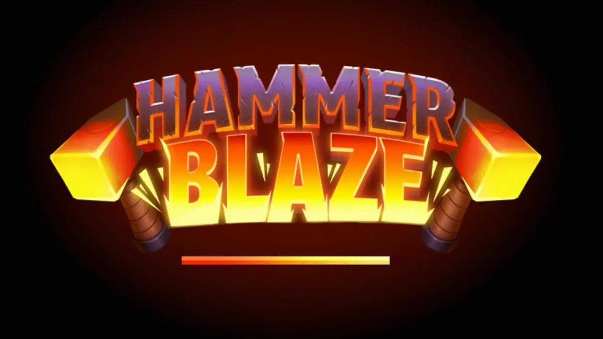 Tampilan visual grid 7x7 slot Hammerblaze dengan latar belakang bengkel dewa Yunani yang membara.