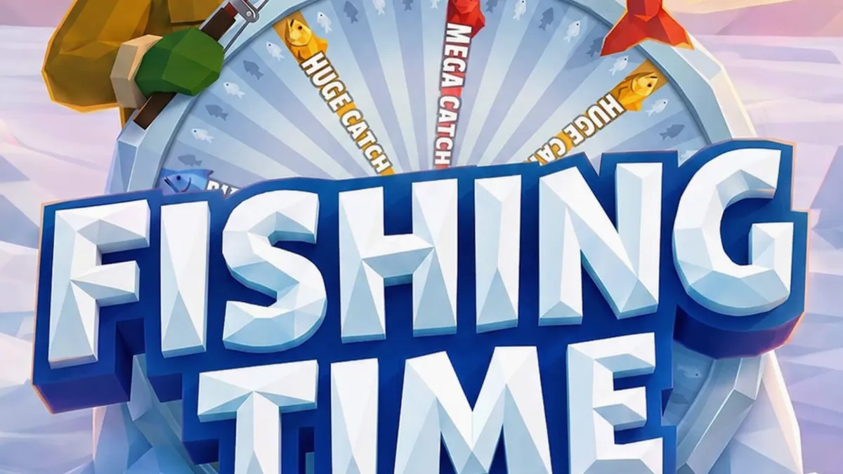 Pemandangan danau beku dalam game Fishing Time dengan roda keberuntungan yang ikonik
